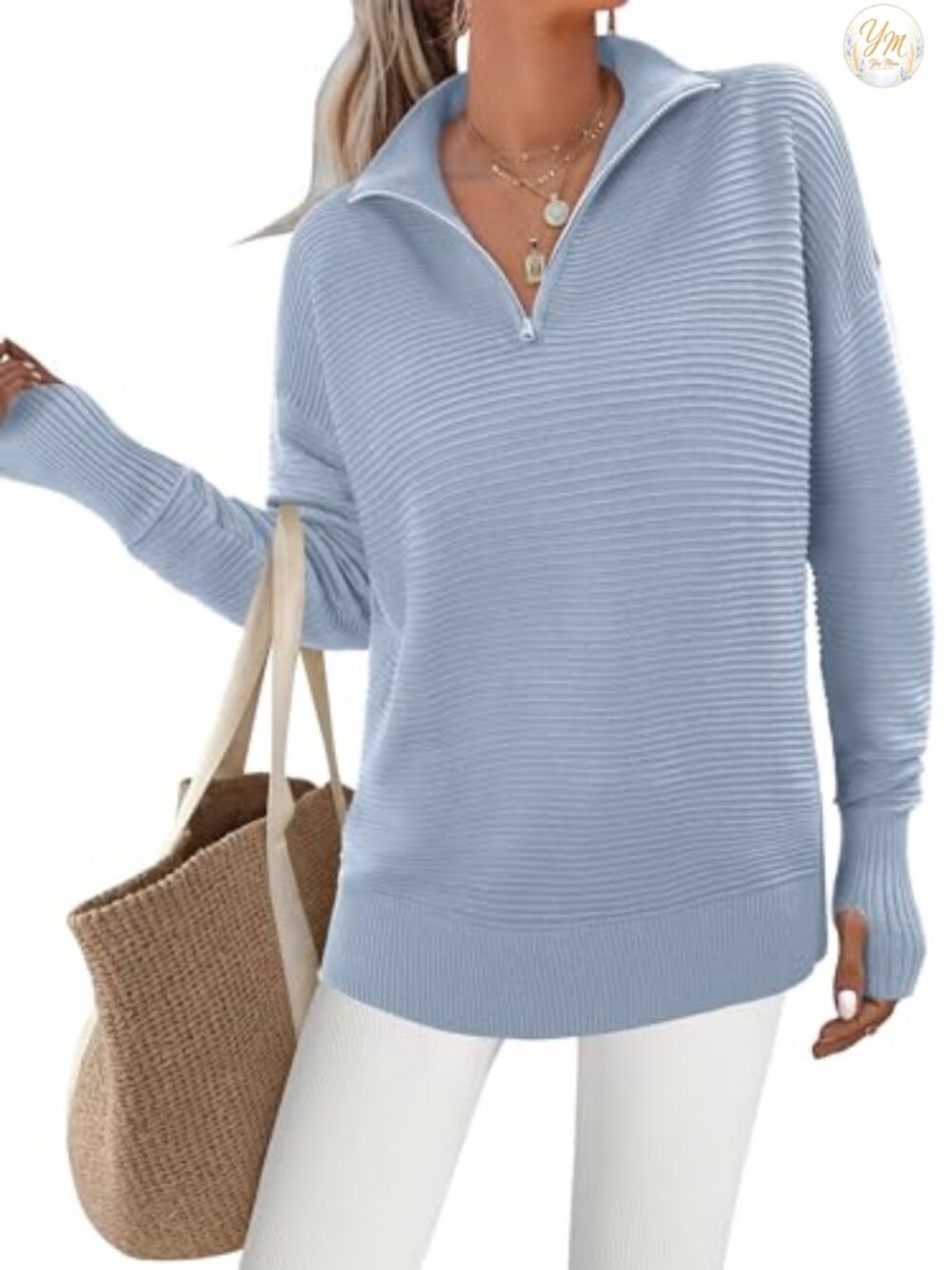 Women's Knit Pullover Sweater with Thumbholes Quarter Zip Long Sleeve